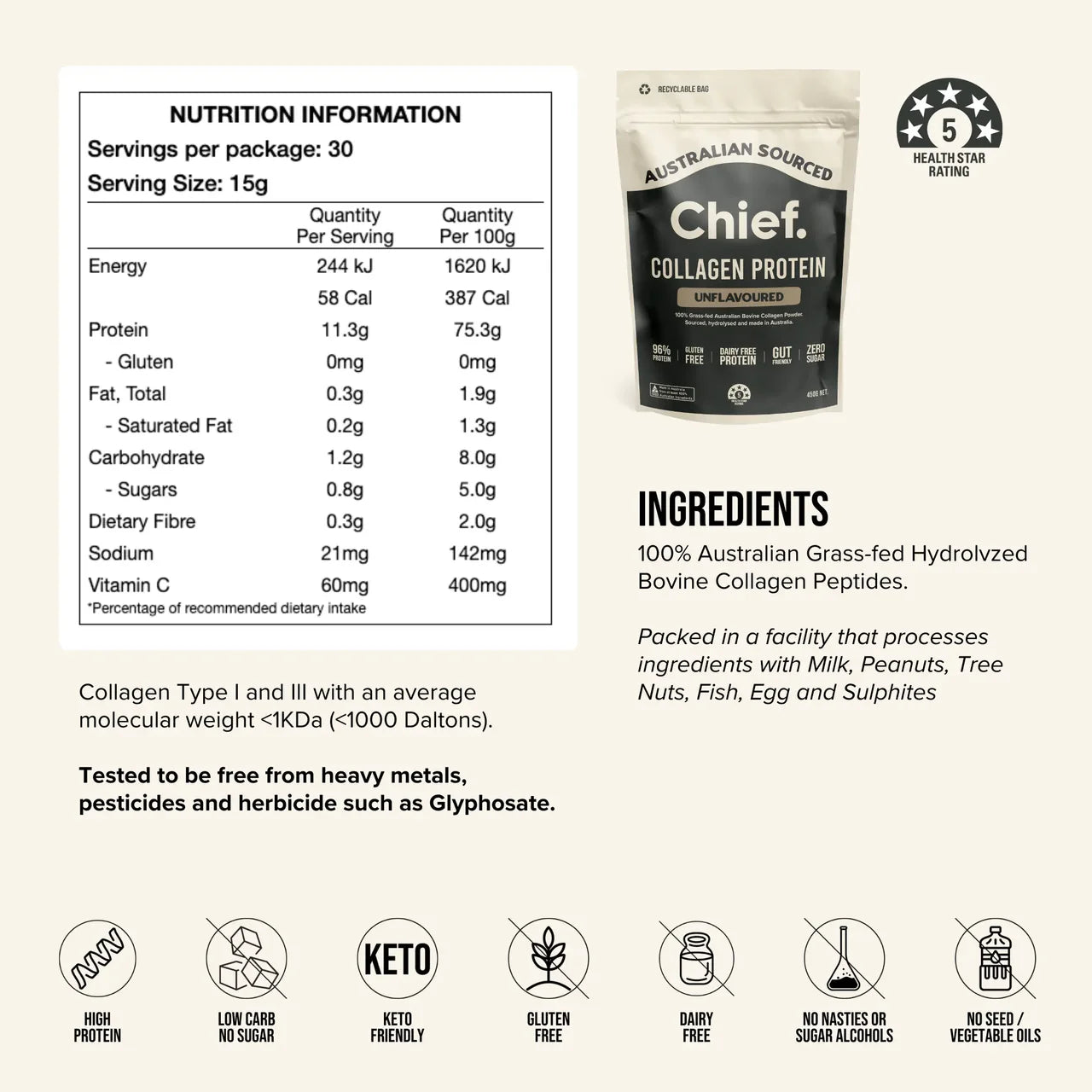 Chief - Collagen Protein Powder Unflavoured 450g - Glenelg Health & Wholefoods