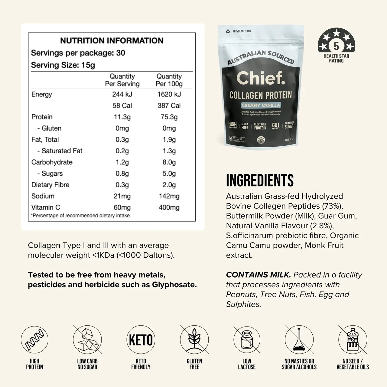 Chief - Collagen Protein Powder Vanilla 450g - Glenelg Health & Wholefoods